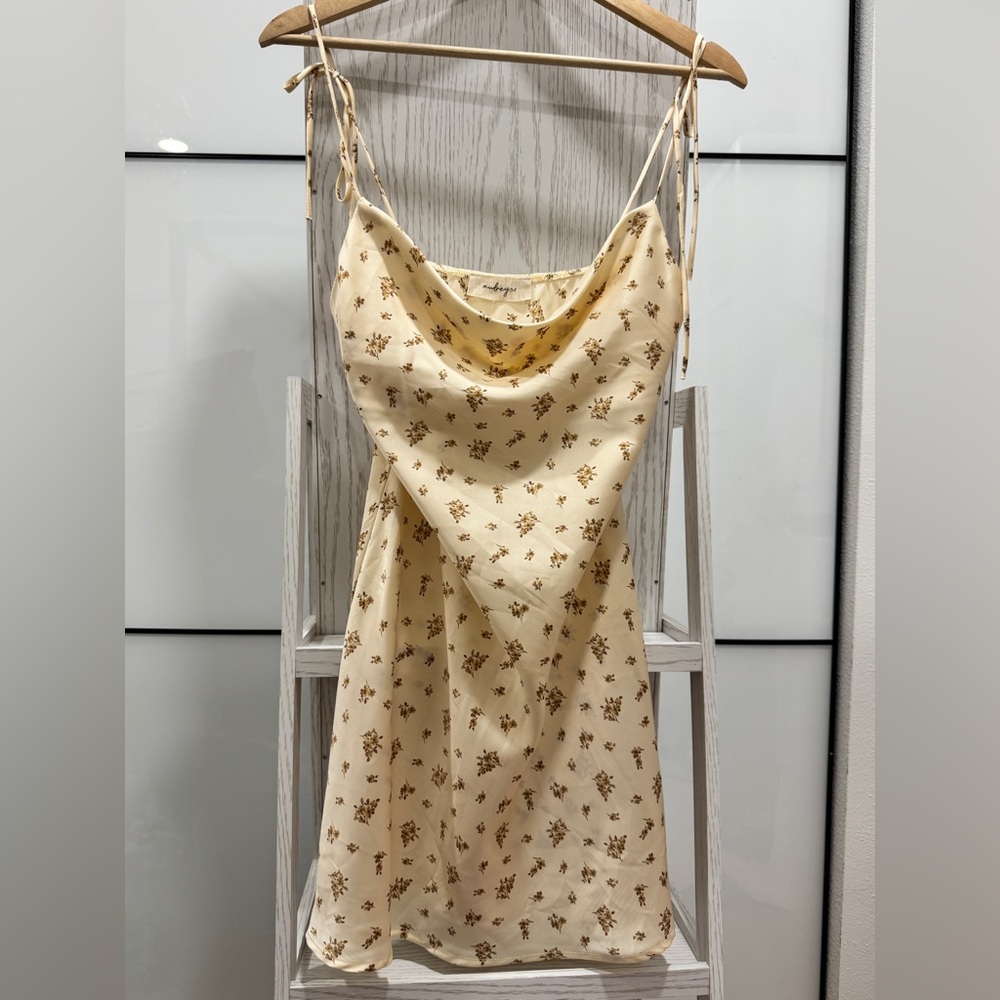 Brand New Champagne Beige Floral Cowl Neck Satin Slip Mini Dress Sleeveless - Picture 11 of 11